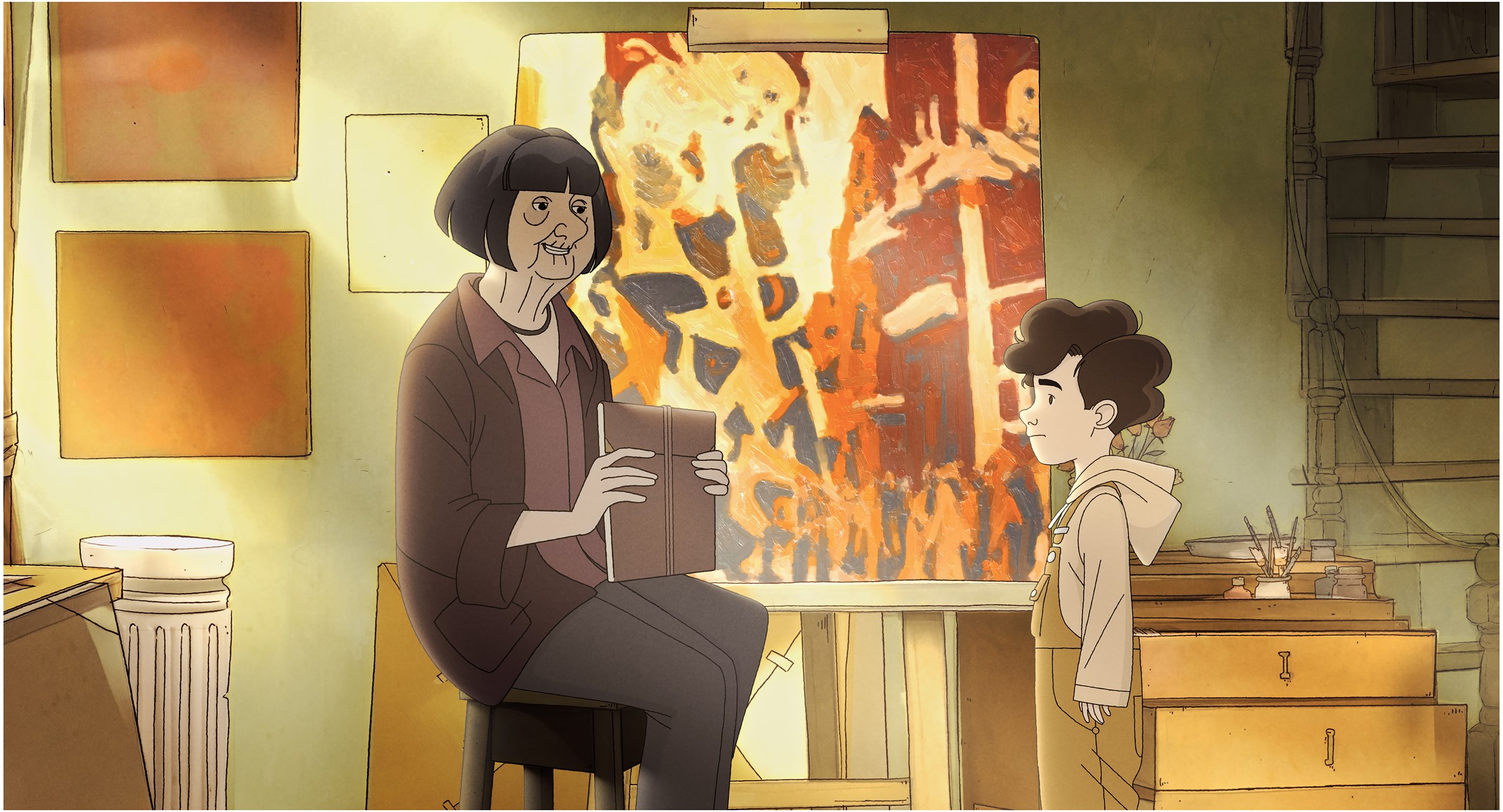 Escena animada de Julia en un taller de pintura
